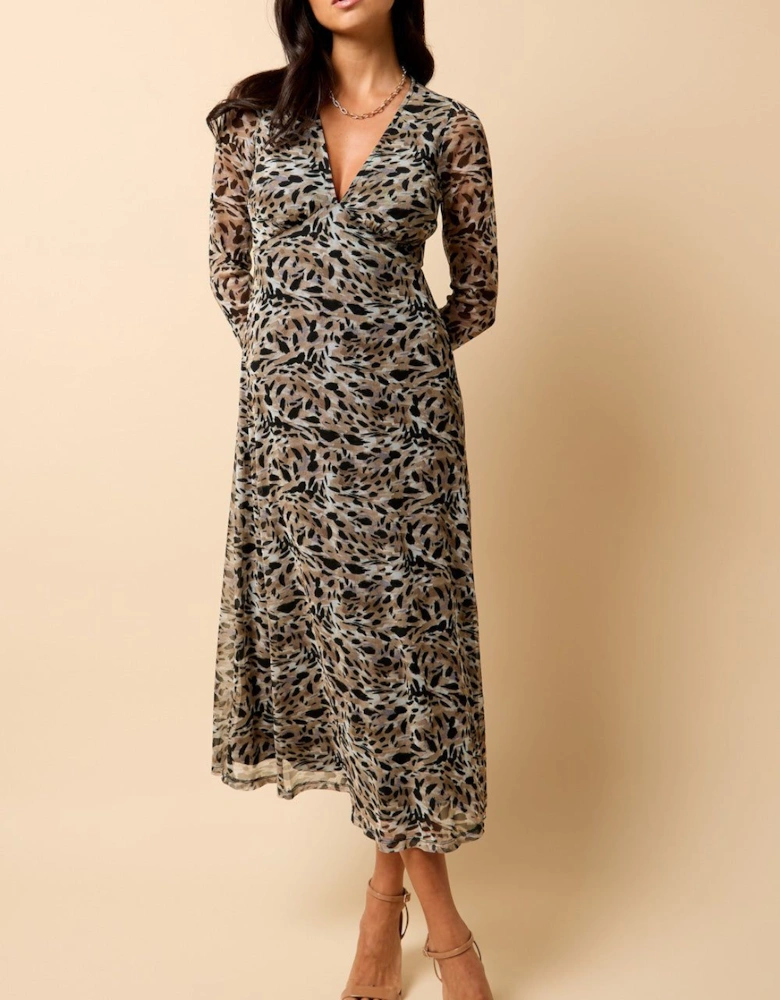 Saffron and Amber  Animal Print Mesh Midi Dress