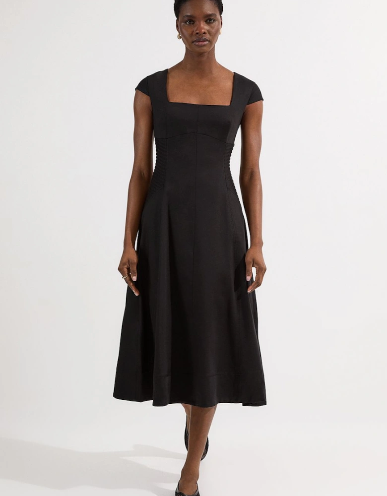 Petite Premium Linen Pintuck Detail Full Skirted Tailored Midi Dress