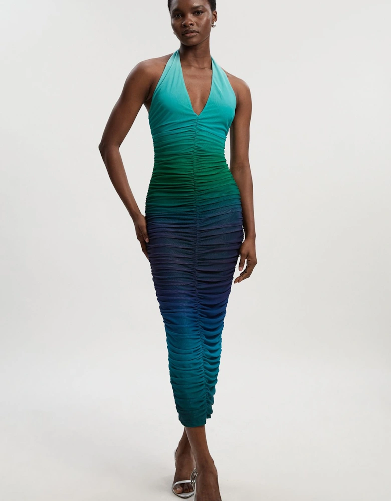 Ombre Mesh Plunge Halter Neck Midi Dress