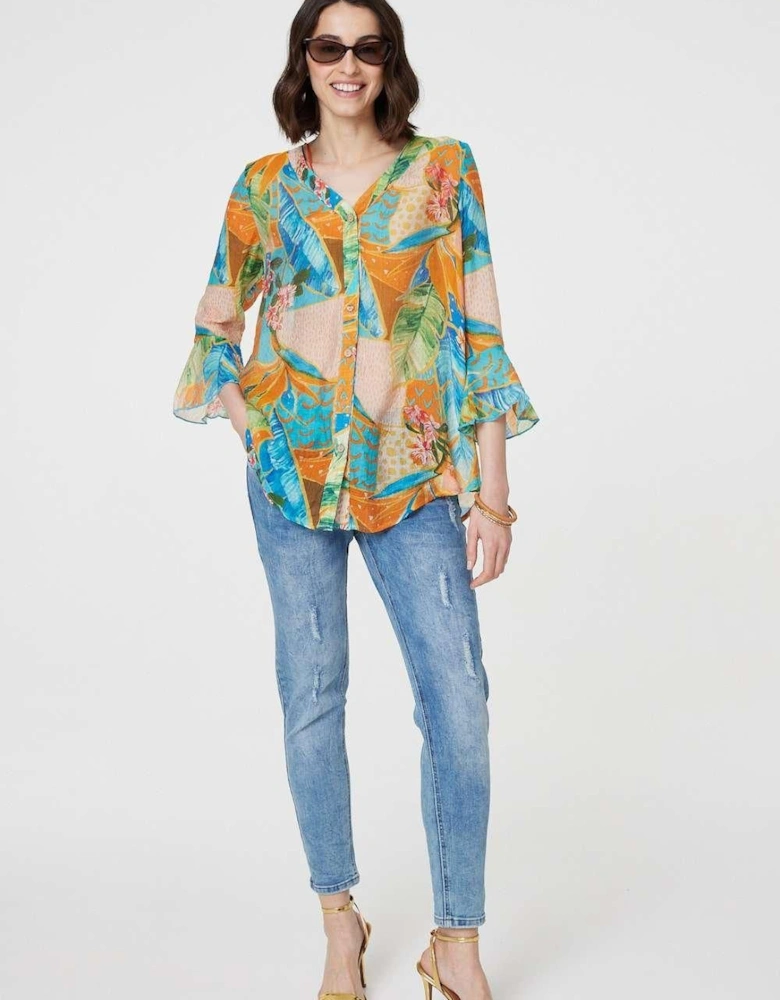 Leaf Print Button Front Blouse