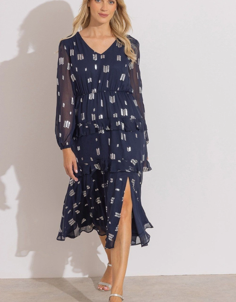 Foil Printed Long Sleeve Midi Dress