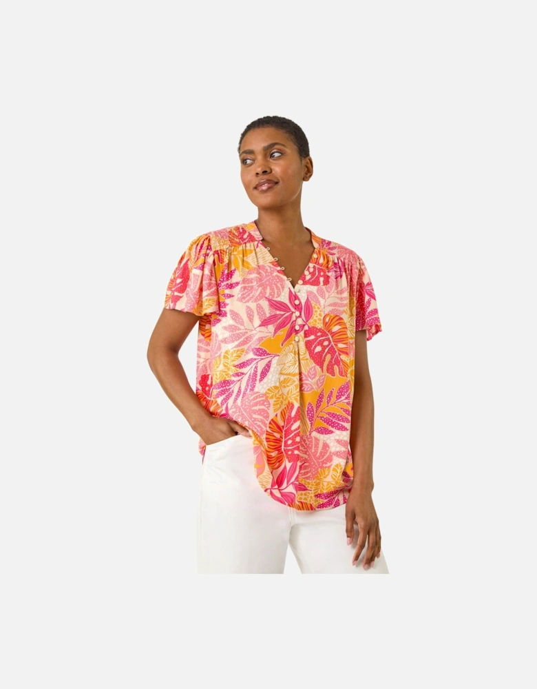 Leaf Print Shirred V-Neck Top