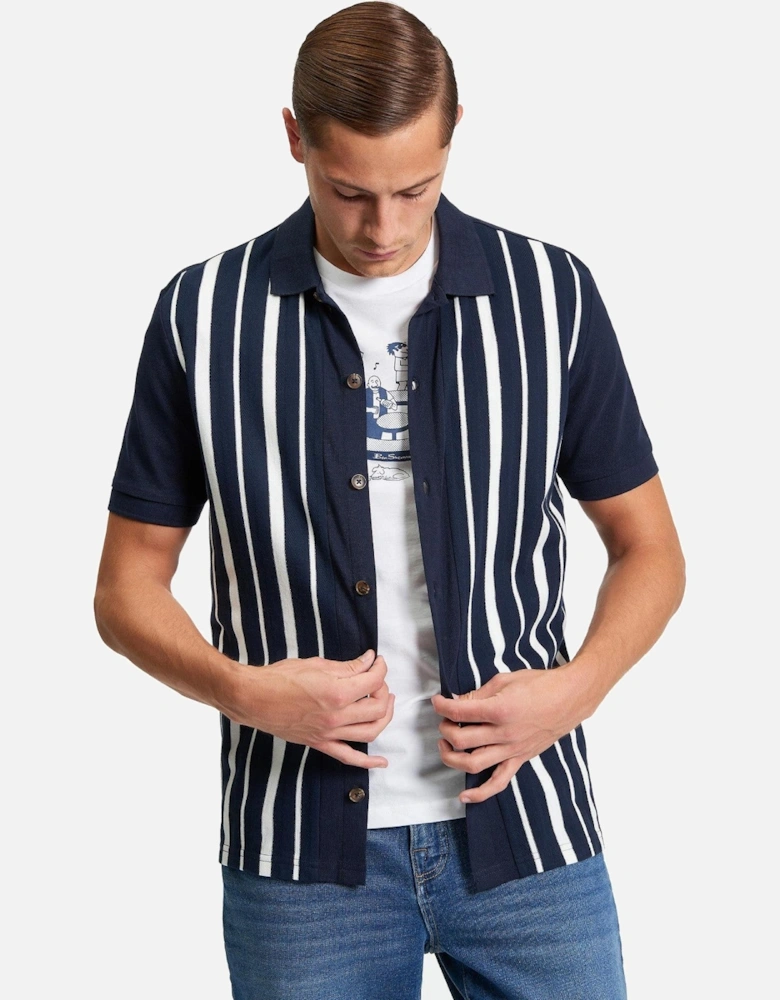 Mens Button Through Stripe Short Sleeve Polo Shirt