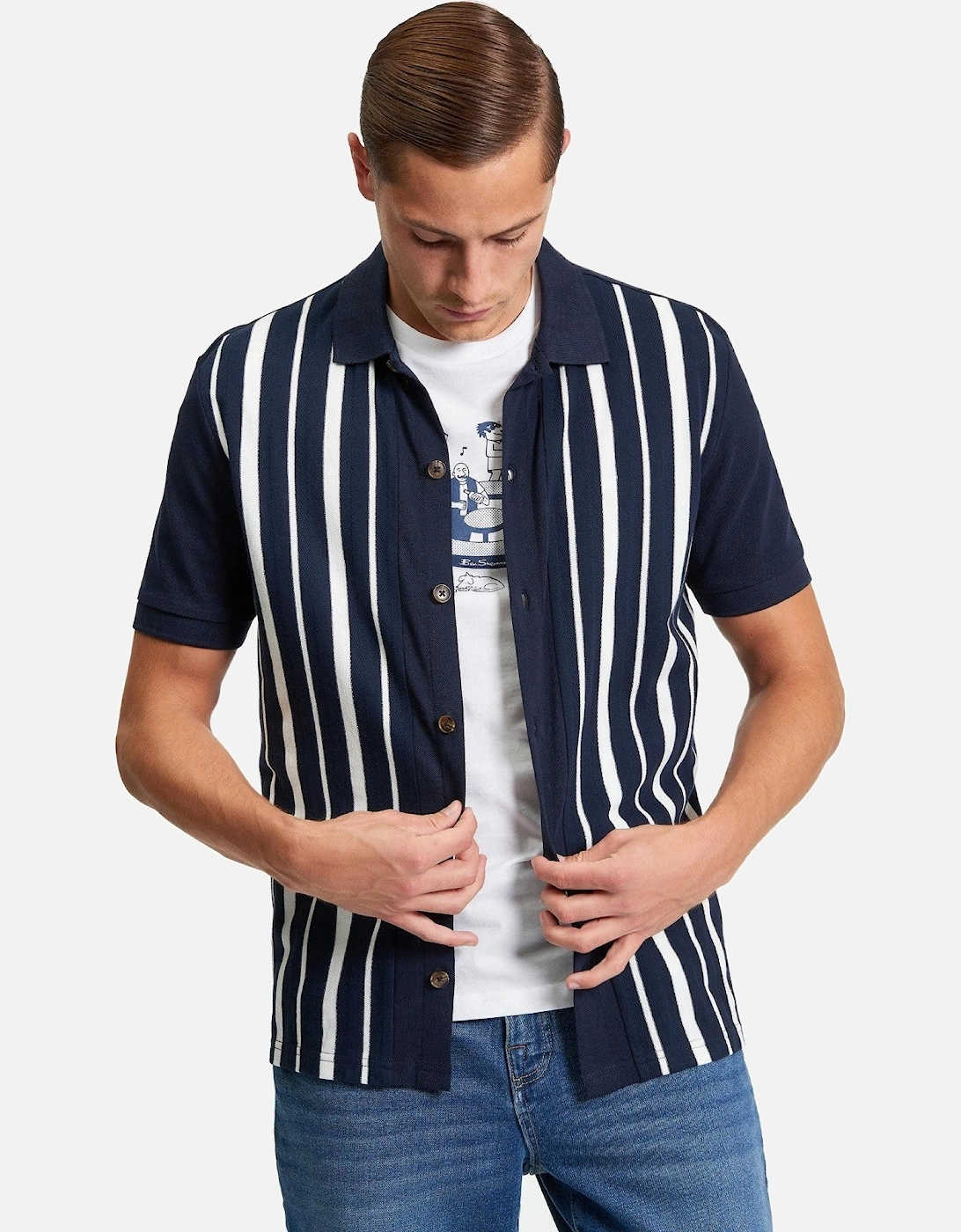 Mens Button Through Stripe Short Sleeve Polo Shirt, 2 of 1