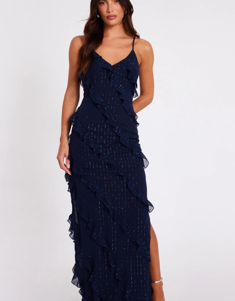 Navy Chiffon Ruffle Midaxi Dress