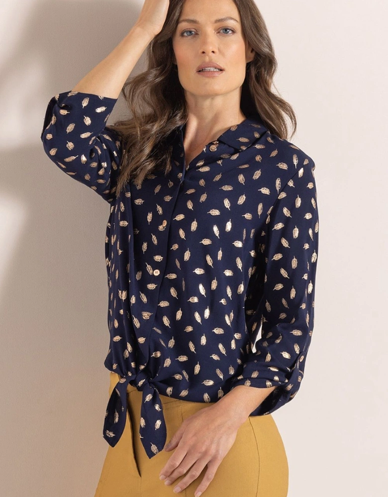 Foil Leaf Printed Tie Front Blouse