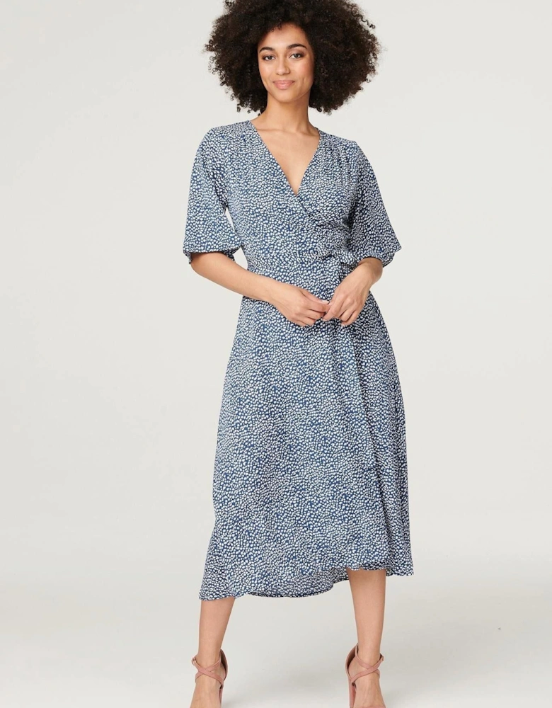 Printed Tie Waist Wrap Midi Dress