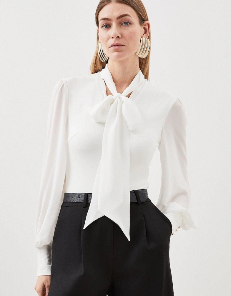 Jersey Ponte And Georgette Mix Tie Neck Long Sleeve Bodysuit
