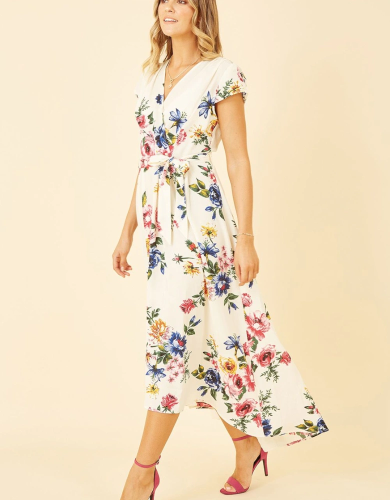 Ivory Floral Wrap Dip Hem Dress