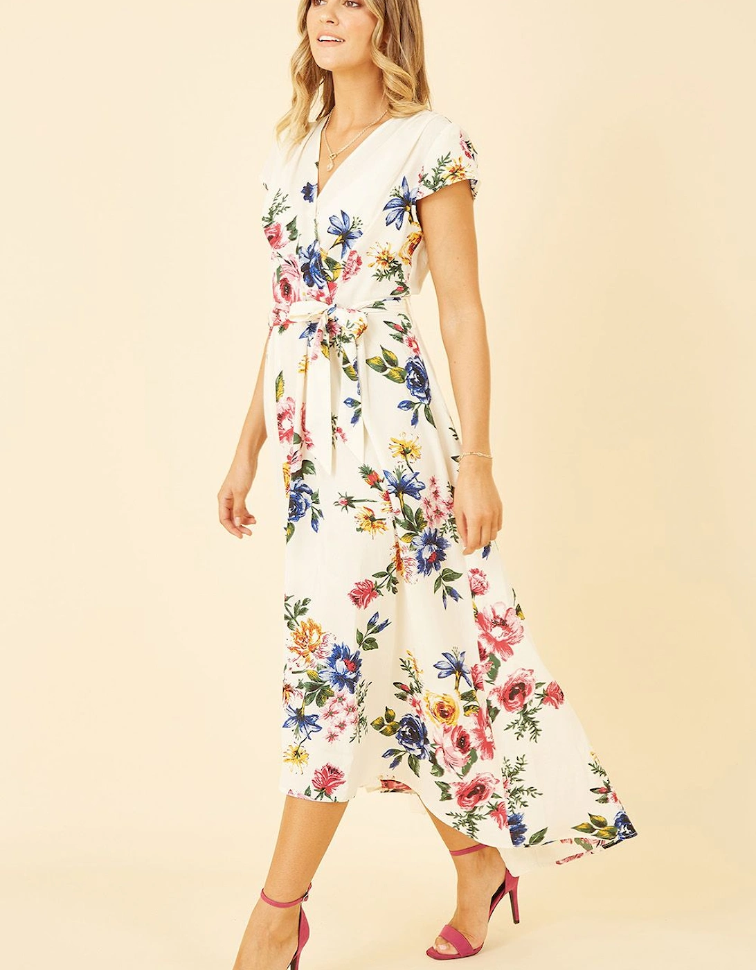 Ivory Floral Wrap Dip Hem Dress, 2 of 1