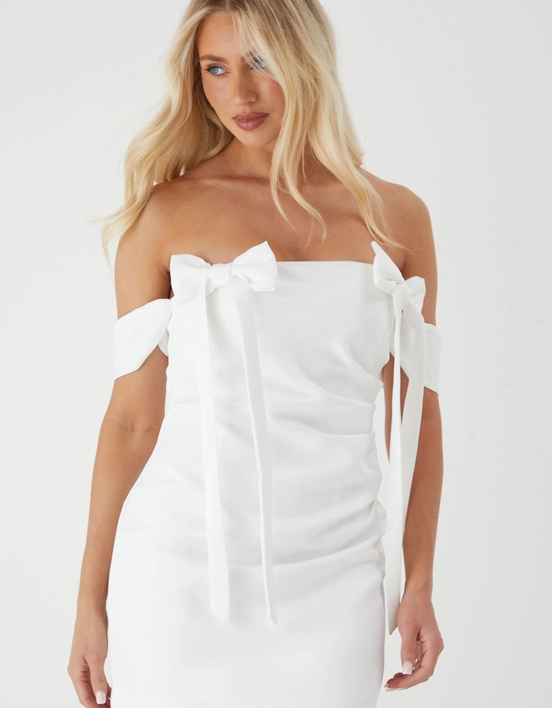 Premium Satin Bardot Bow  Detail Bodycon Mini Dress