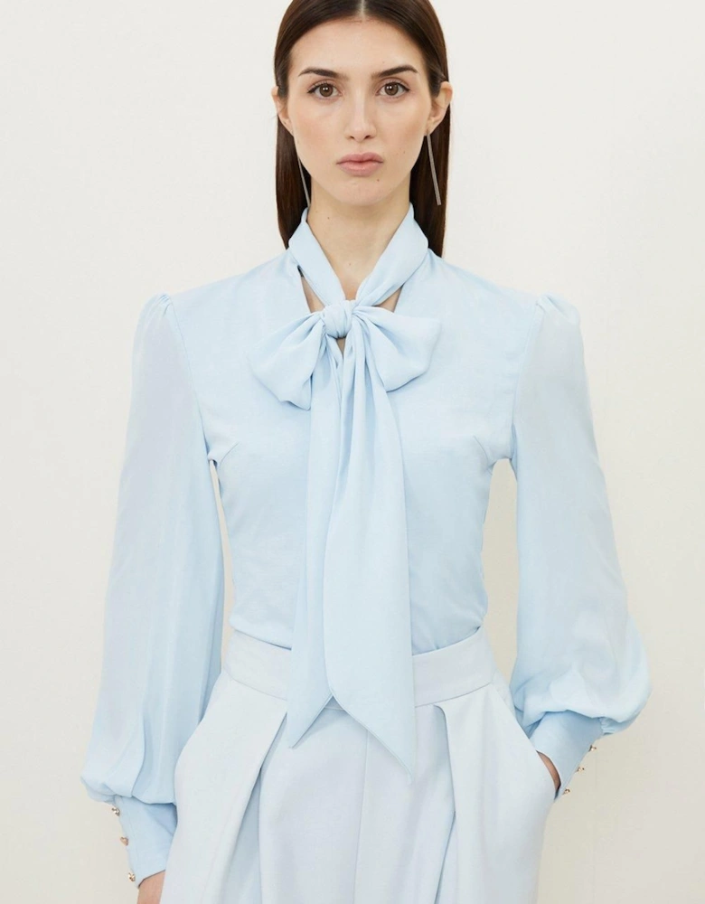 Jersey Ponte And Georgette Mix Tie Neck Long Sleeve Bodysuit