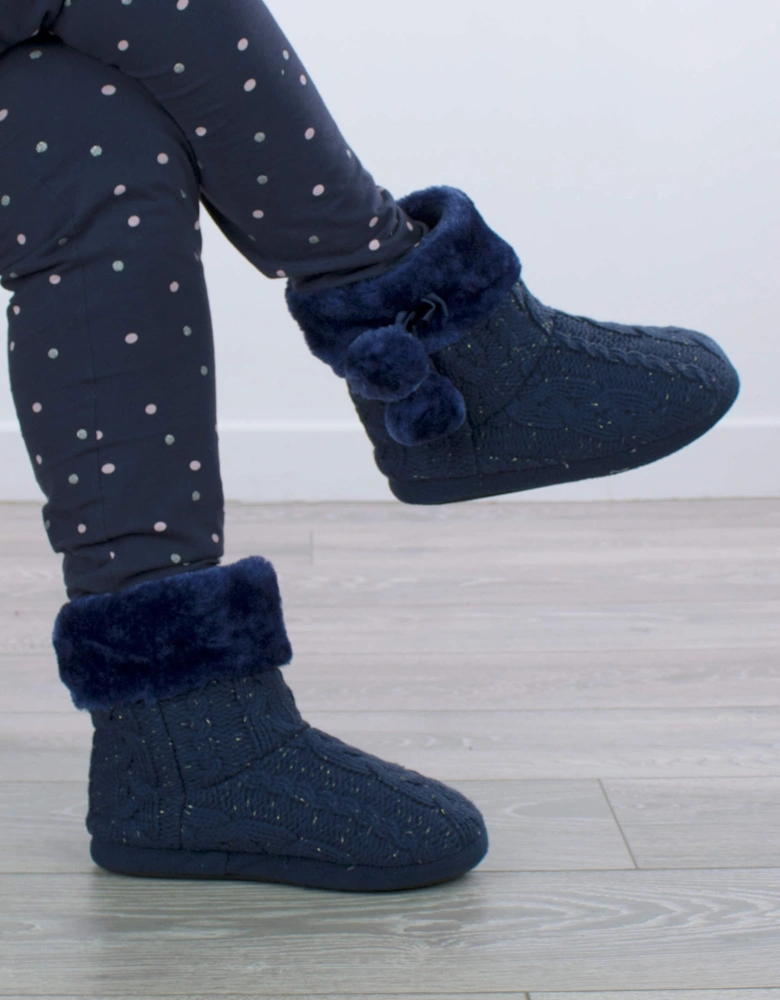 Heel Glitter Cable Knit Pom Pom Ankle Boots  Slippers