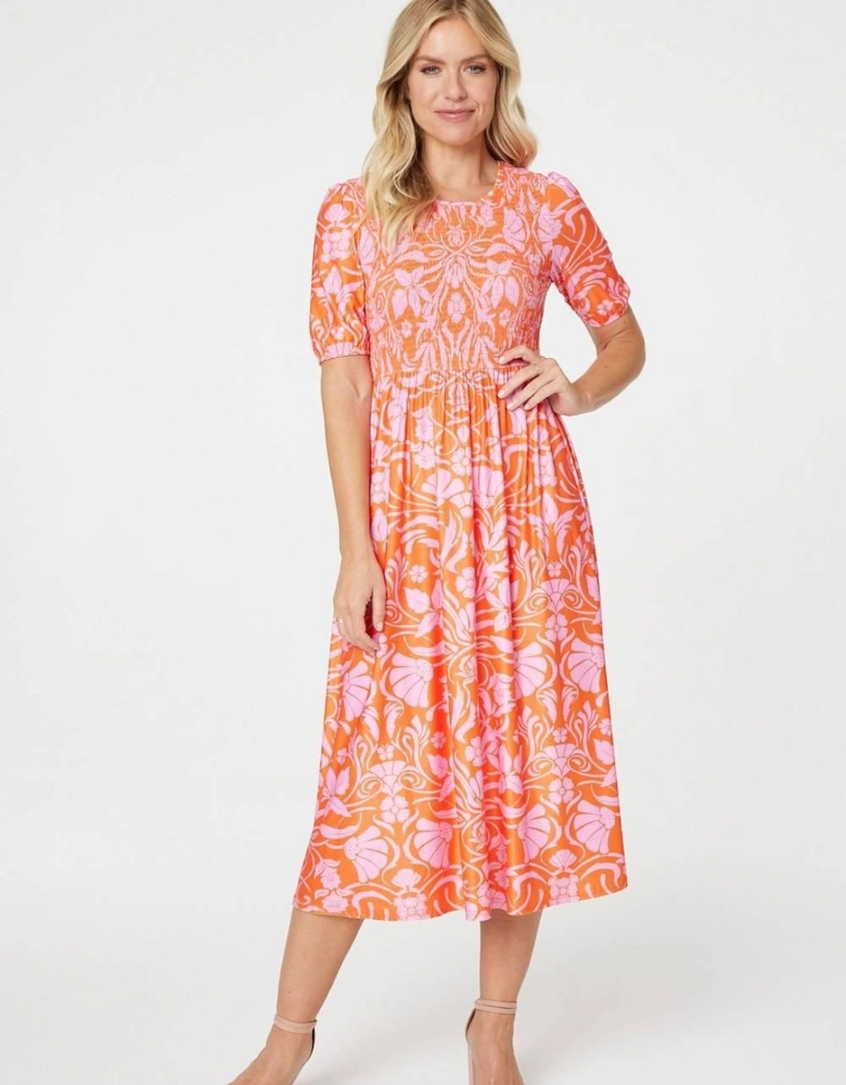 Floral Smocked Detail Midi Dress