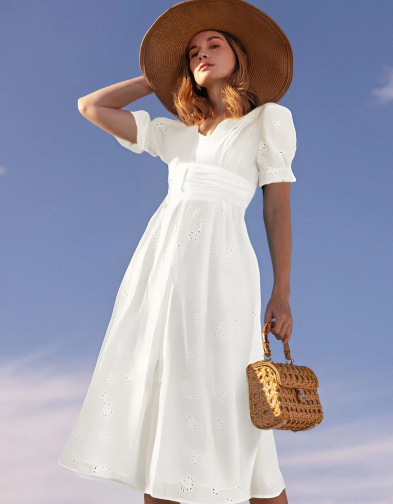 White Cotton Broderie Anglaise Midi Button Up Dress