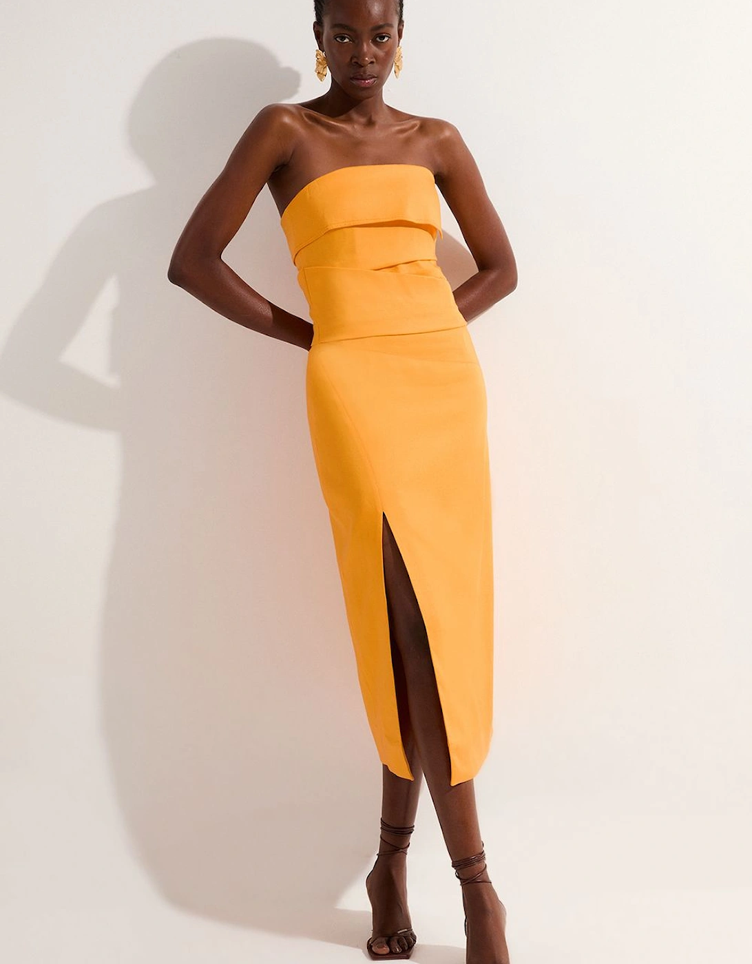 Premium Linen Structured Pleated Bandeau Tailored Midi Pencil Dress, 2 of 1