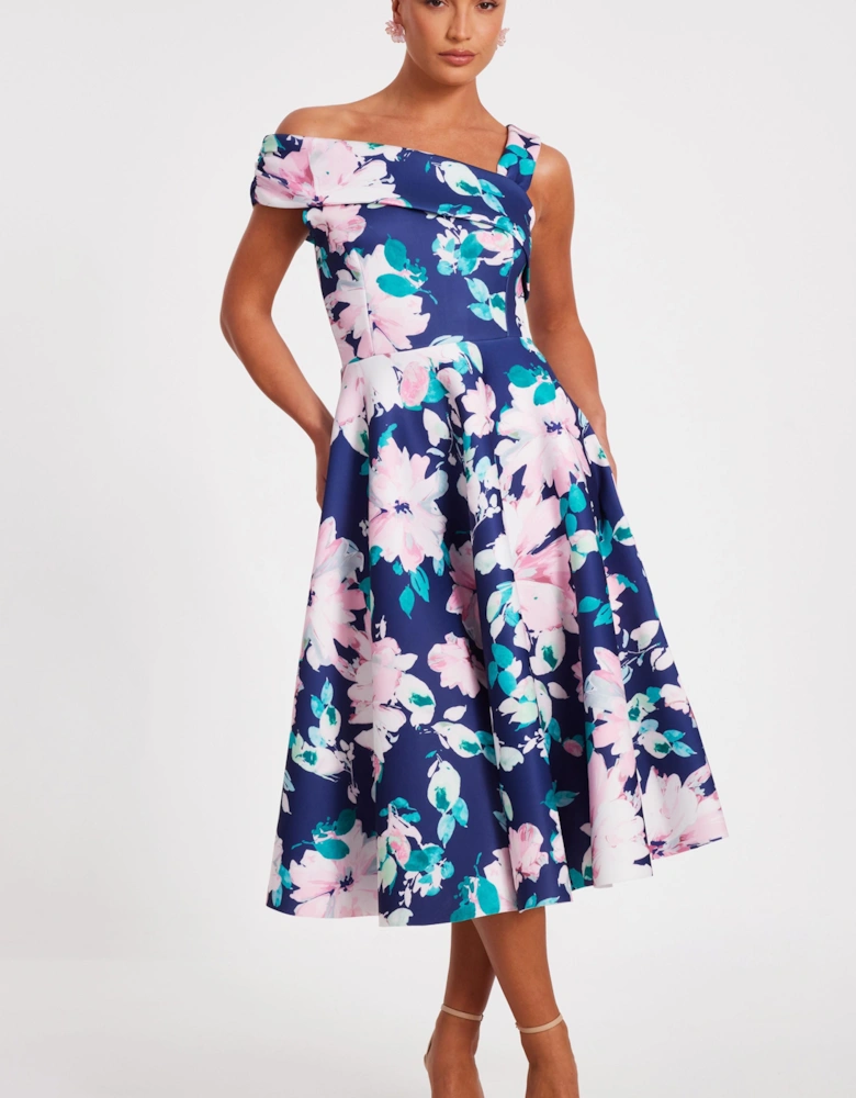 Navy Floral Print Skater Dress