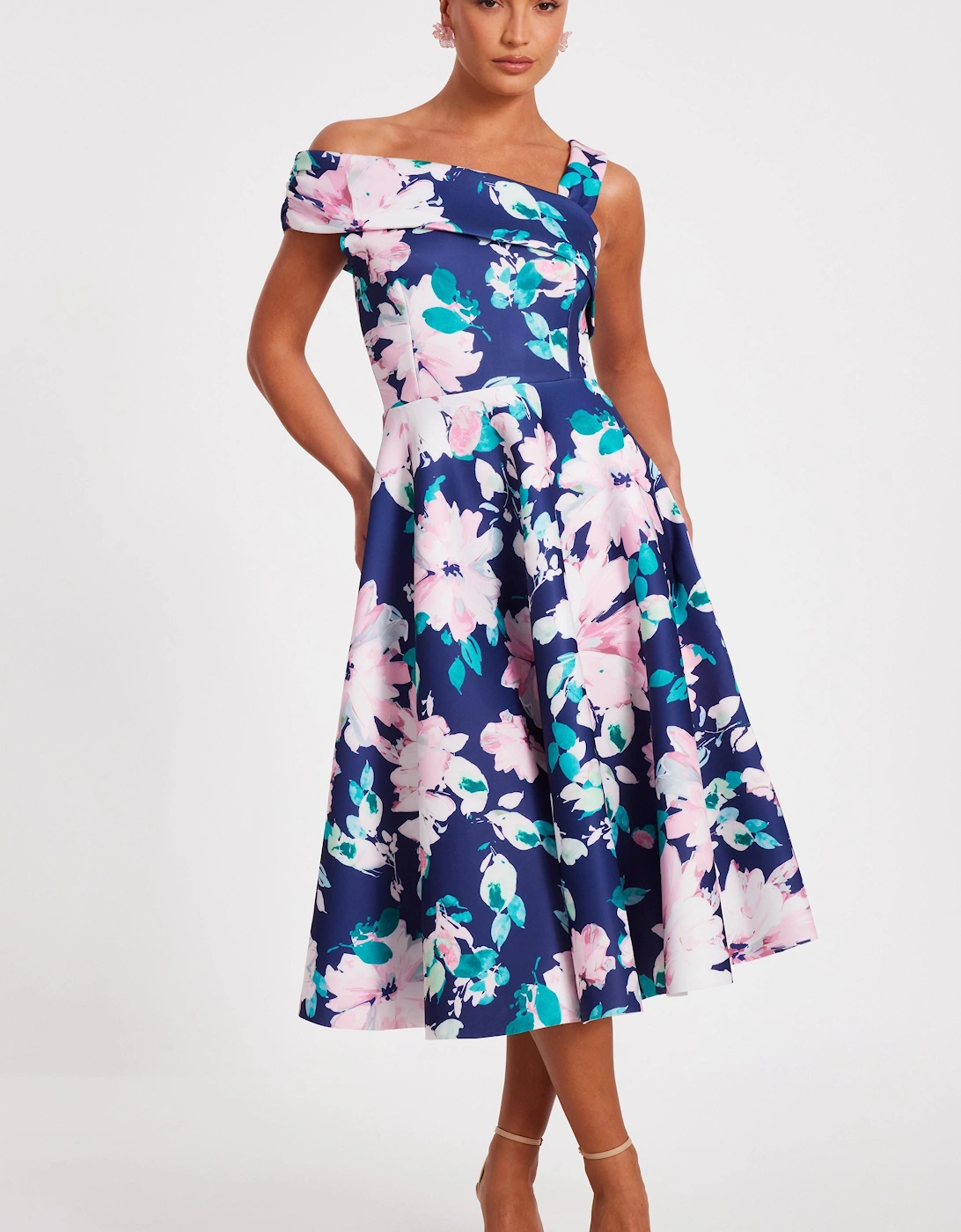 Navy Floral Print Skater Dress, 2 of 1