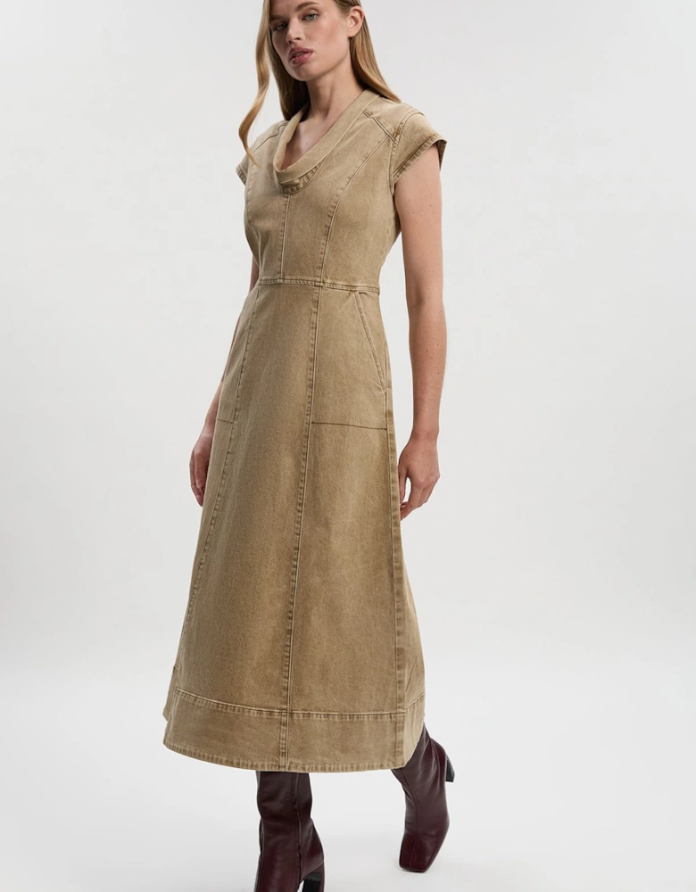 Denim Cowl Neck Midi Dress