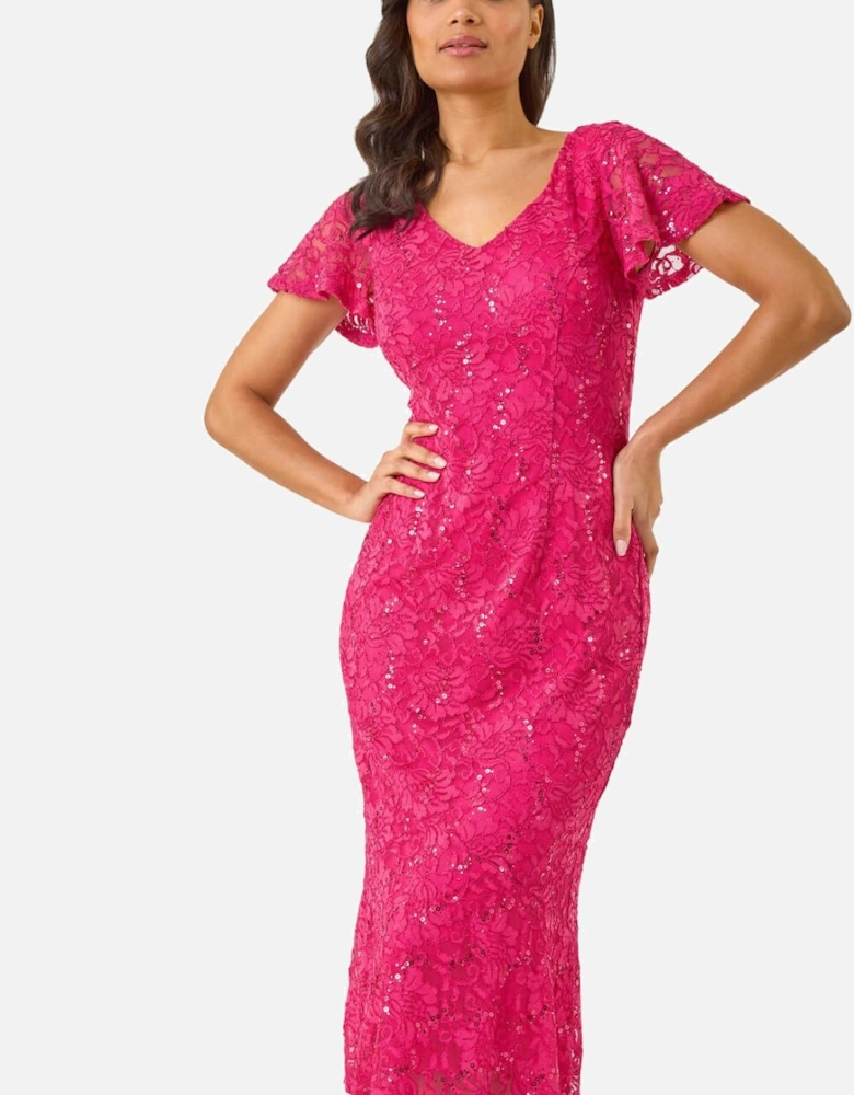 Sequin Lace Ruffle Midi Dress