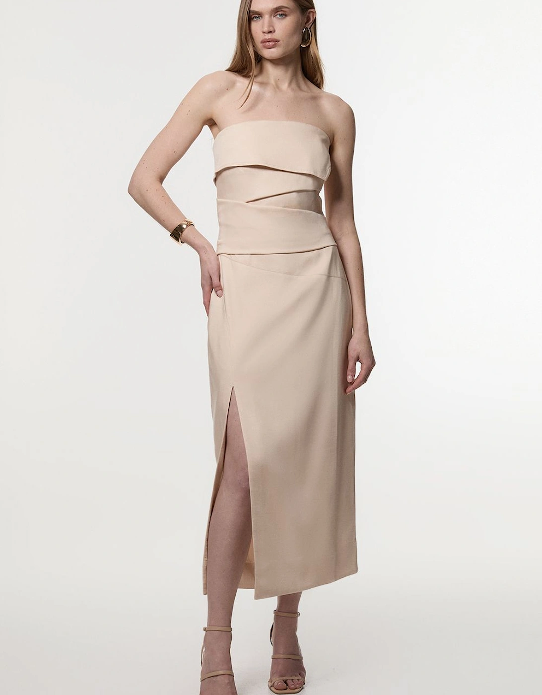 Premium Linen Structured Pleated Bandeau Tailored Midi Pencil Dress, 2 of 1