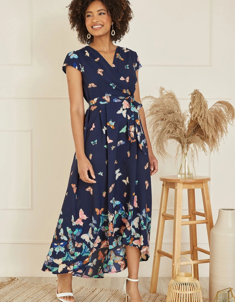 Navy Butterfly Print Dip Hem Midi Wrap Dress