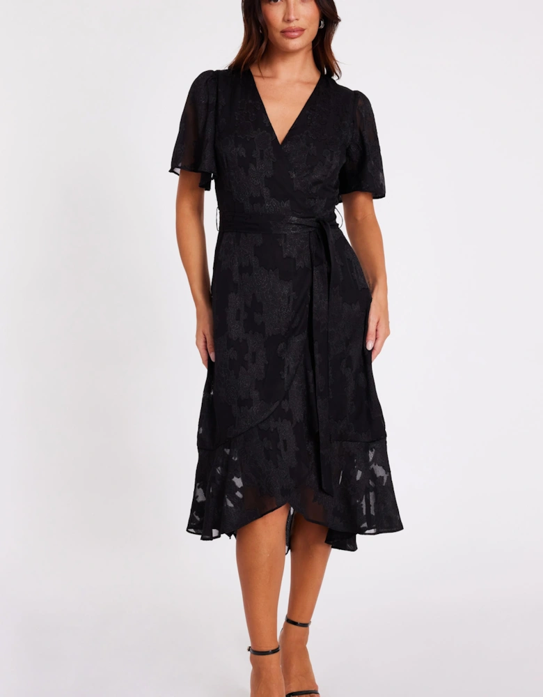 Black Jacquard Wrap Midi Dress