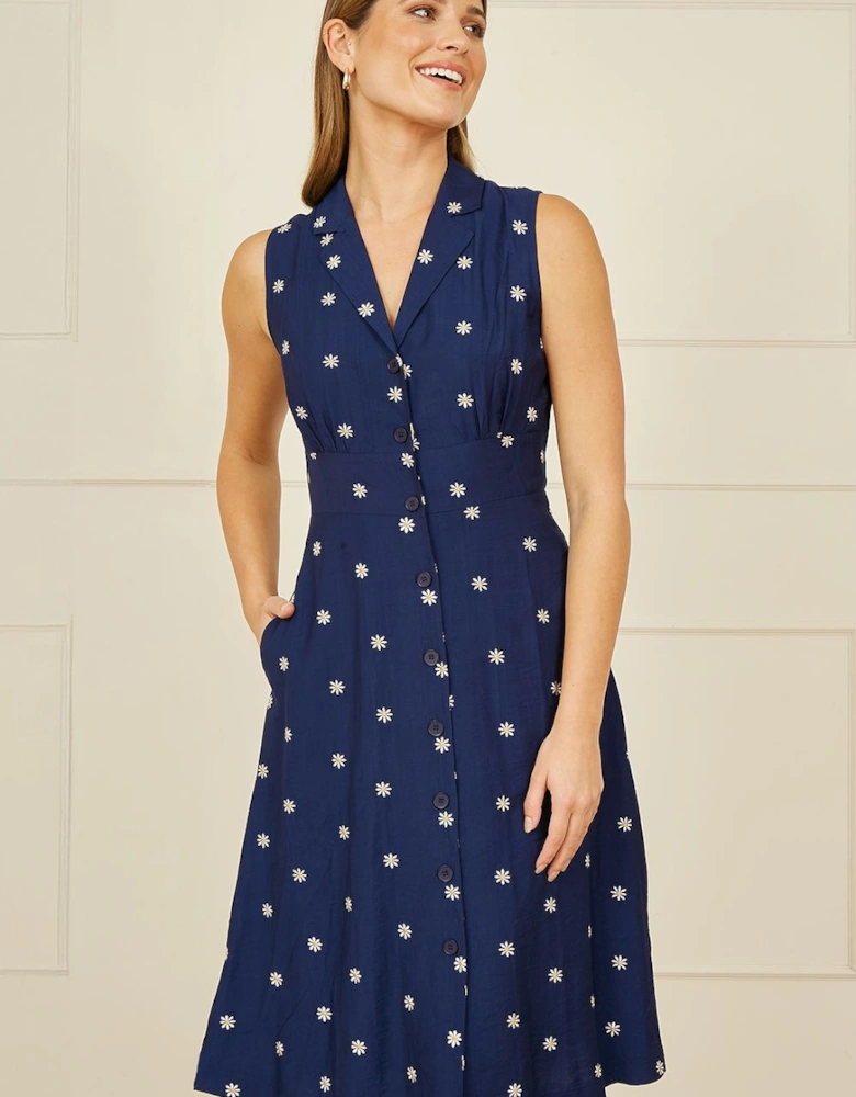 Navy Daisy Print Sleeveless Shirt Dress