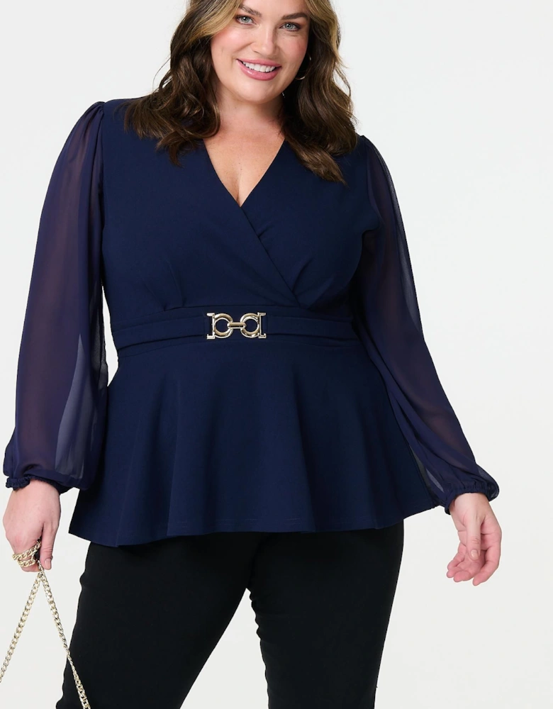 Sheer Sleeve Wrap Front Blouse