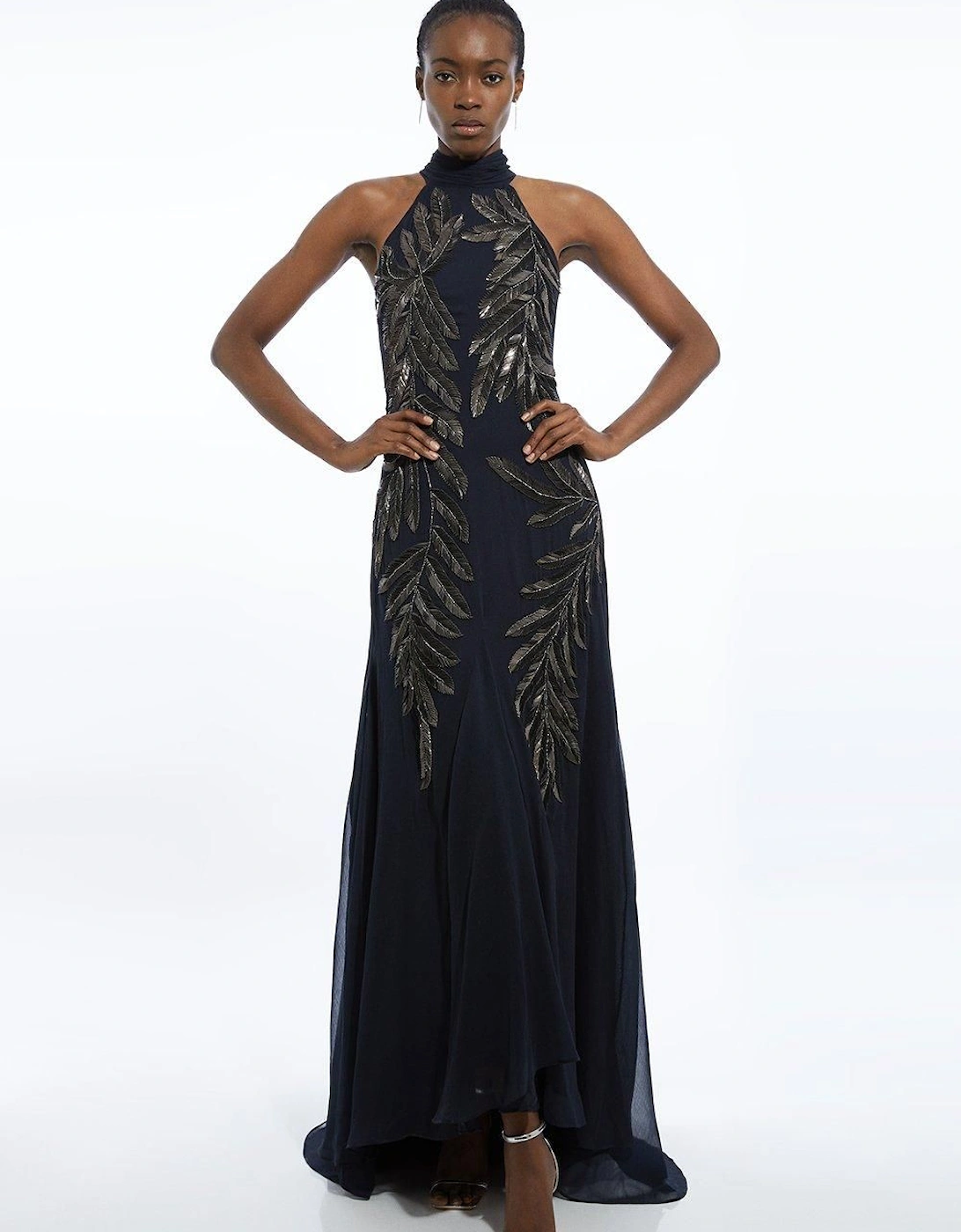 Halter Neck Feather Sequin Detail Woven Maxi Dress, 2 of 1