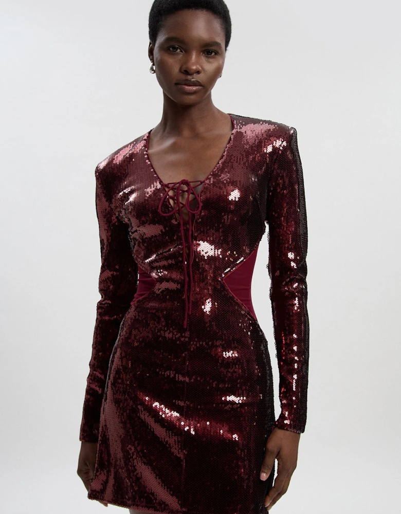 Tall Sequin Power Mesh Lace Up Mini Dress