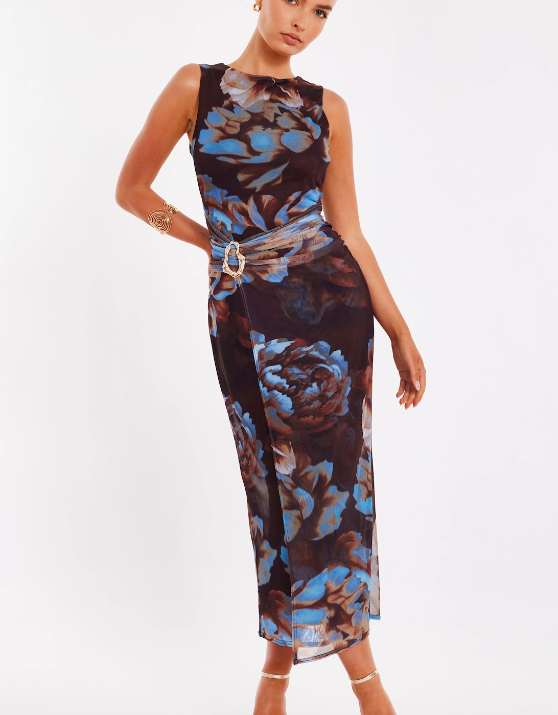 Brown Mesh Floral Midaxi Dress, 2 of 1