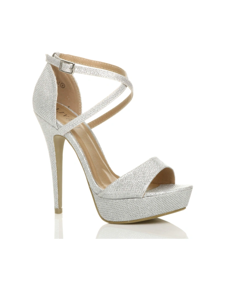 High  Heel Crossed Straps Platform Glitter Mesh 2 Part Heels