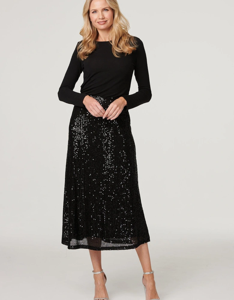 Sequin High Waist Semi Sheer Midi Skirt