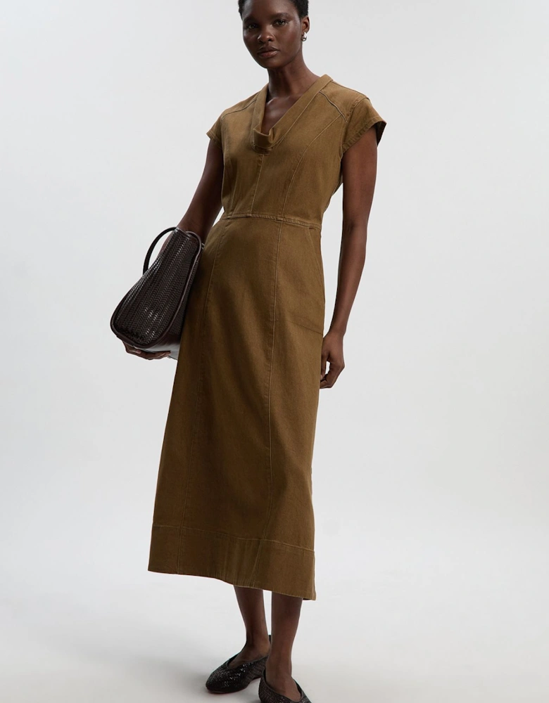 Denim Cowl Neck Midi Dress