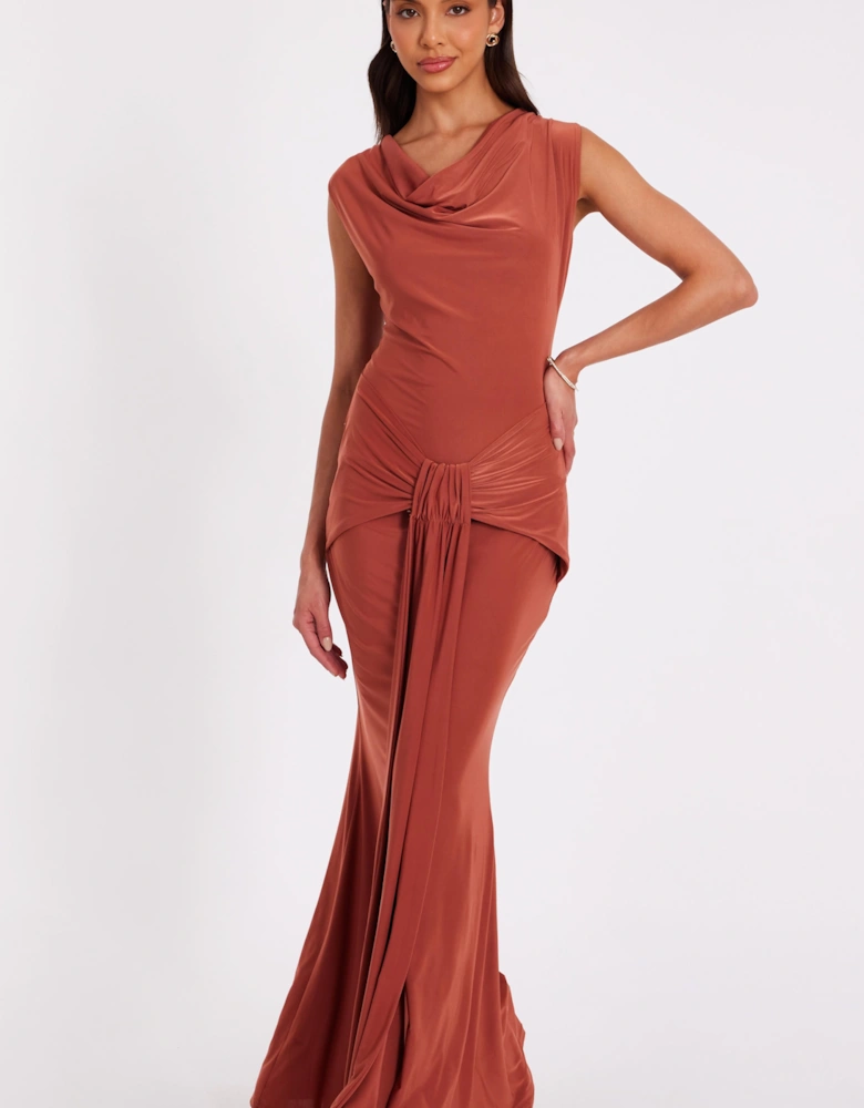 Burnt Orange Drape Front Maxi Dress
