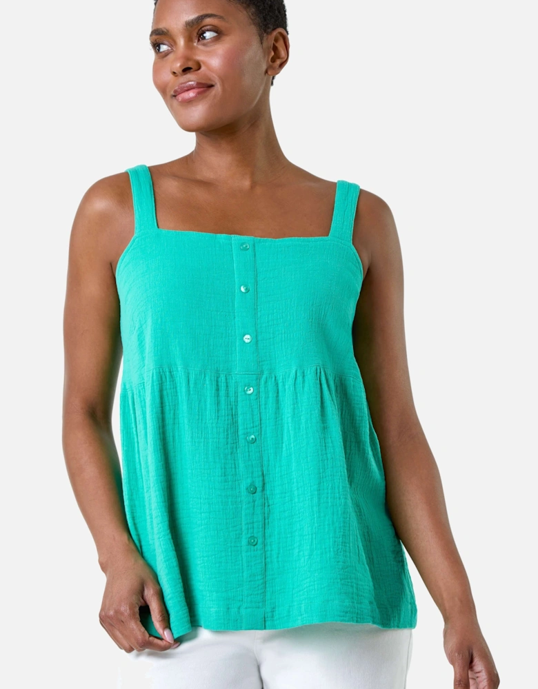 Cotton Button Through Shirred Vest Top