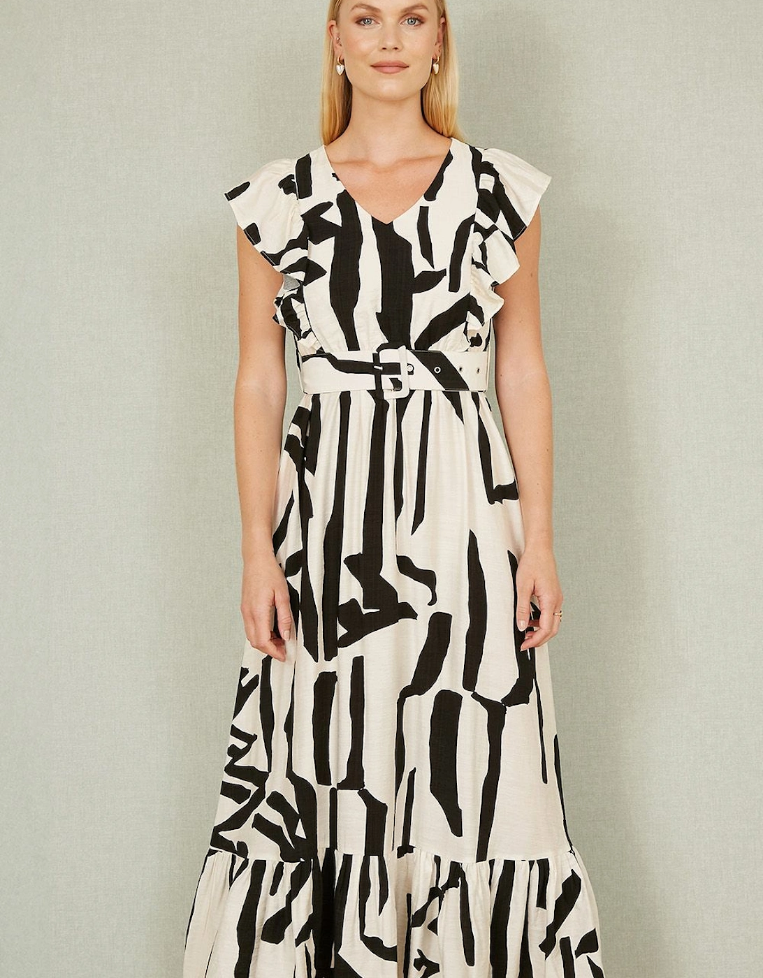 Ivory Abstract Print Viscose Midi Dress With Matching Belt, 2 of 1