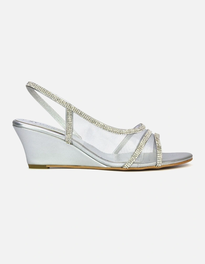 'Indy' Strappy Diamante Sandal Wedge Heels with Mesh