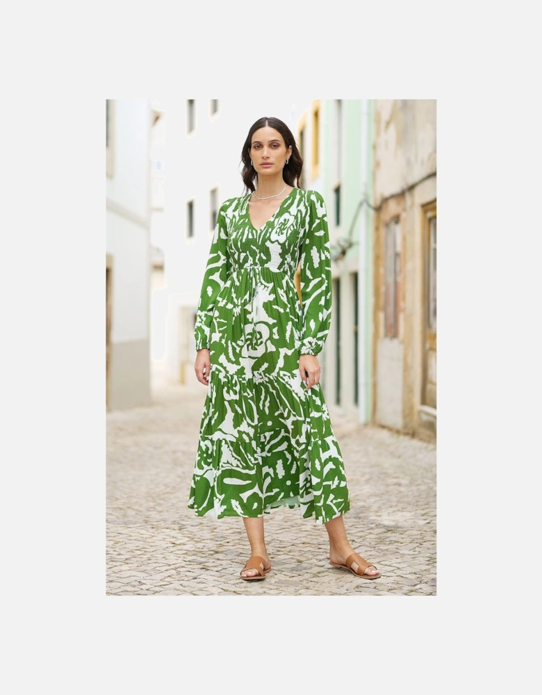 Green Abstract Print Ruched Midi Dress With Long Sleeves