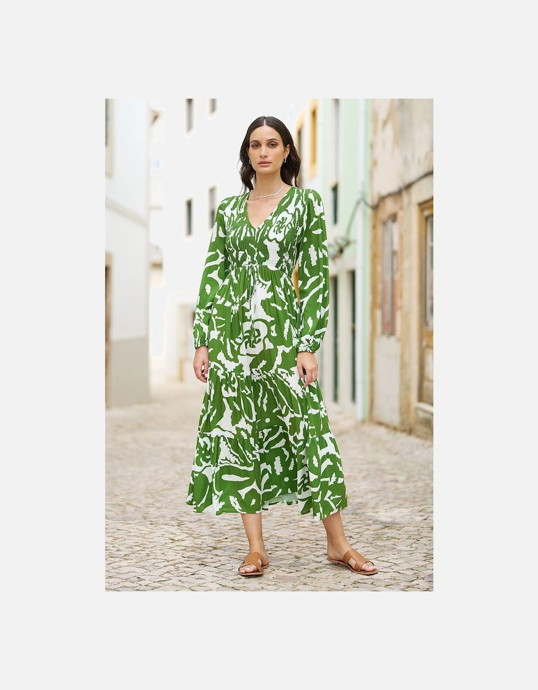 Green Abstract Print Ruched Midi Dress With Long Sleeves, 2 of 1
