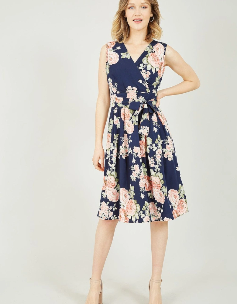 Navy Rose Printed Wrap Over Sleeveless Skater Dress