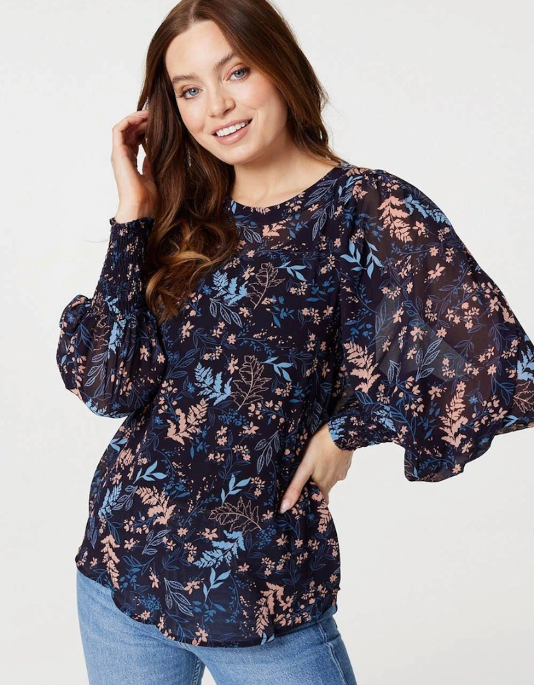 Leaf Print Semi Sheer Blouse