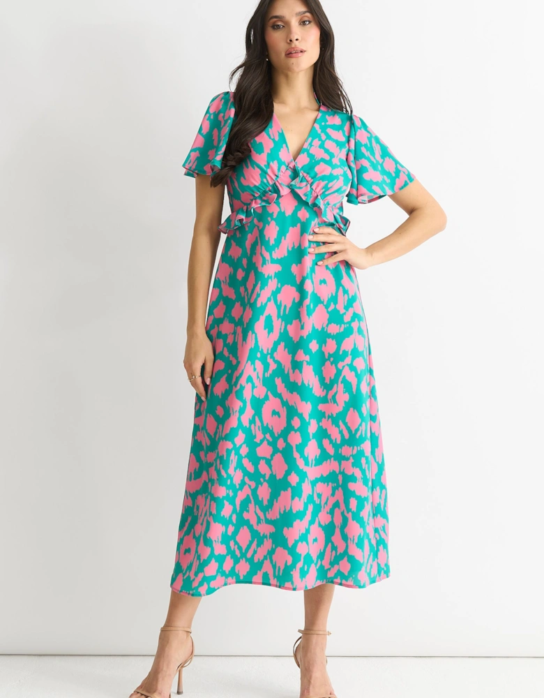 Green Animal Print V Neck Ruffle Midi Dress