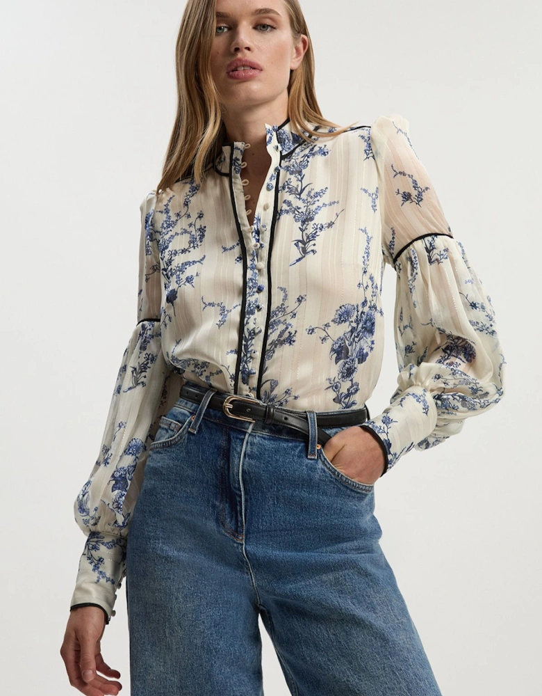 Floral Print Tie Neck Woven Balloon Sleeve Blouse
