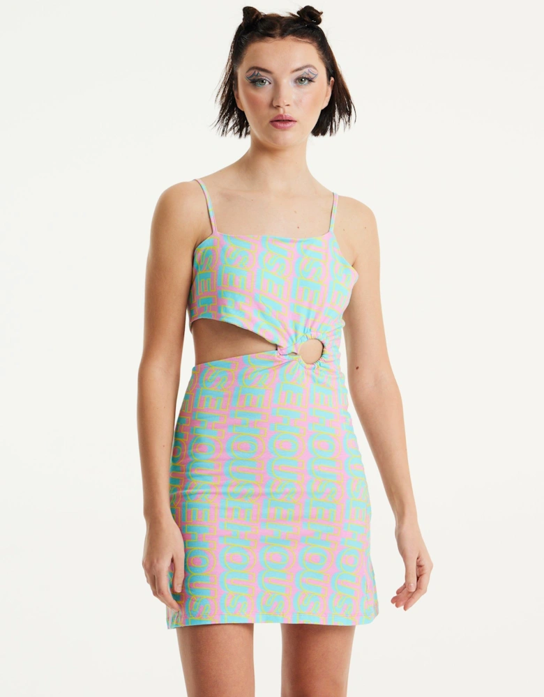 Logo Printed Jersey Mini Dress in Blue and Pink