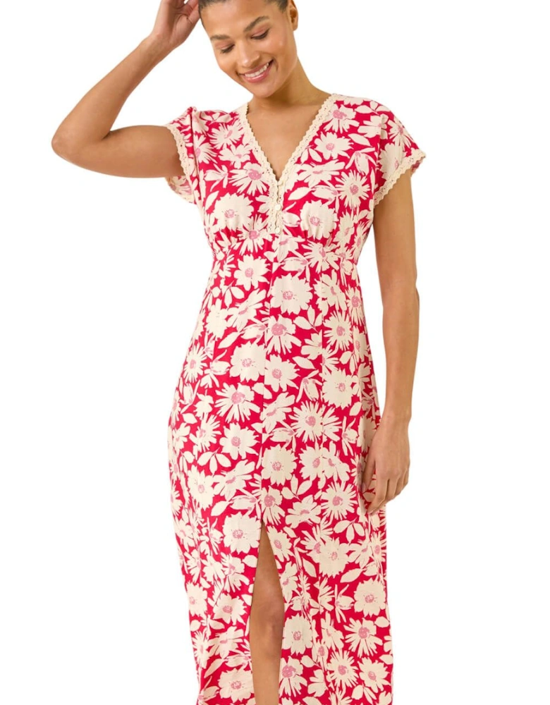 Daisy Print Lace Trim Midi Dress