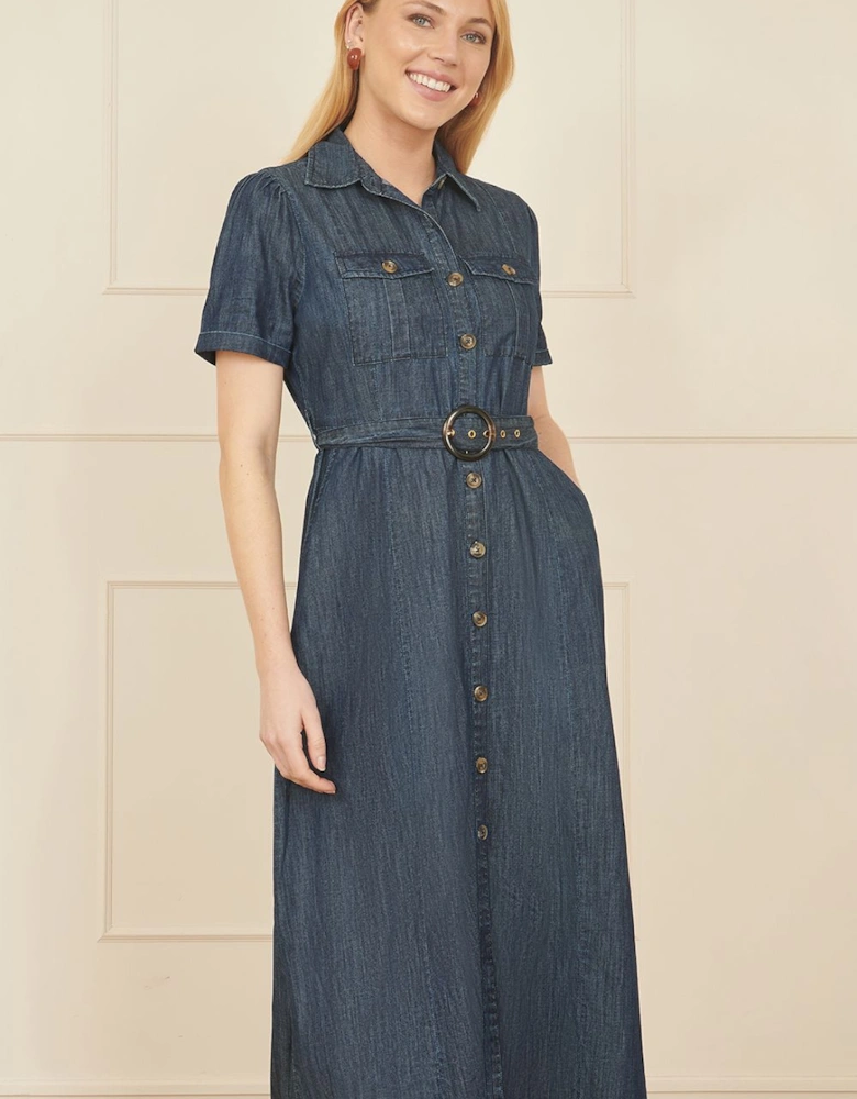 Blue Chambray Utility Midi Denim Shirt Dress