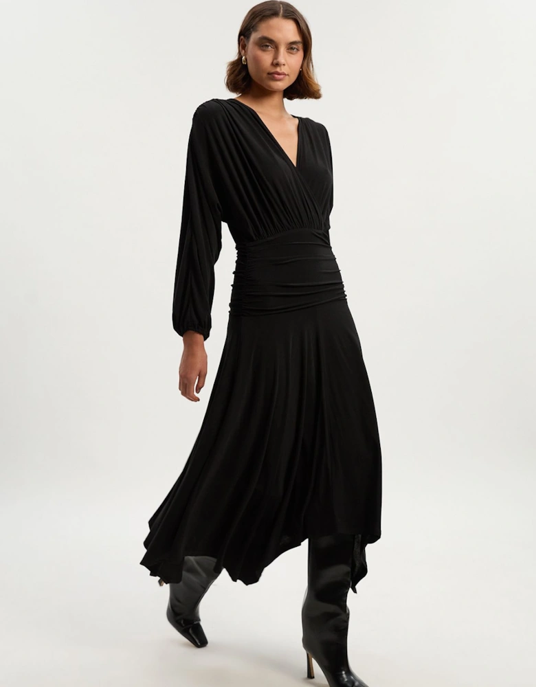 Stretch Drapey Crepe Ruched Plunge Neck Batwing Sleeve Maxi Dress