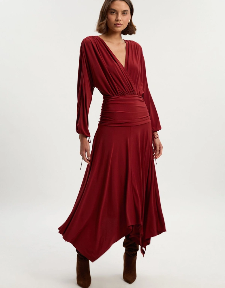 Stretch Drapey Crepe Ruched Plunge Neck Batwing Sleeve Maxi Dress